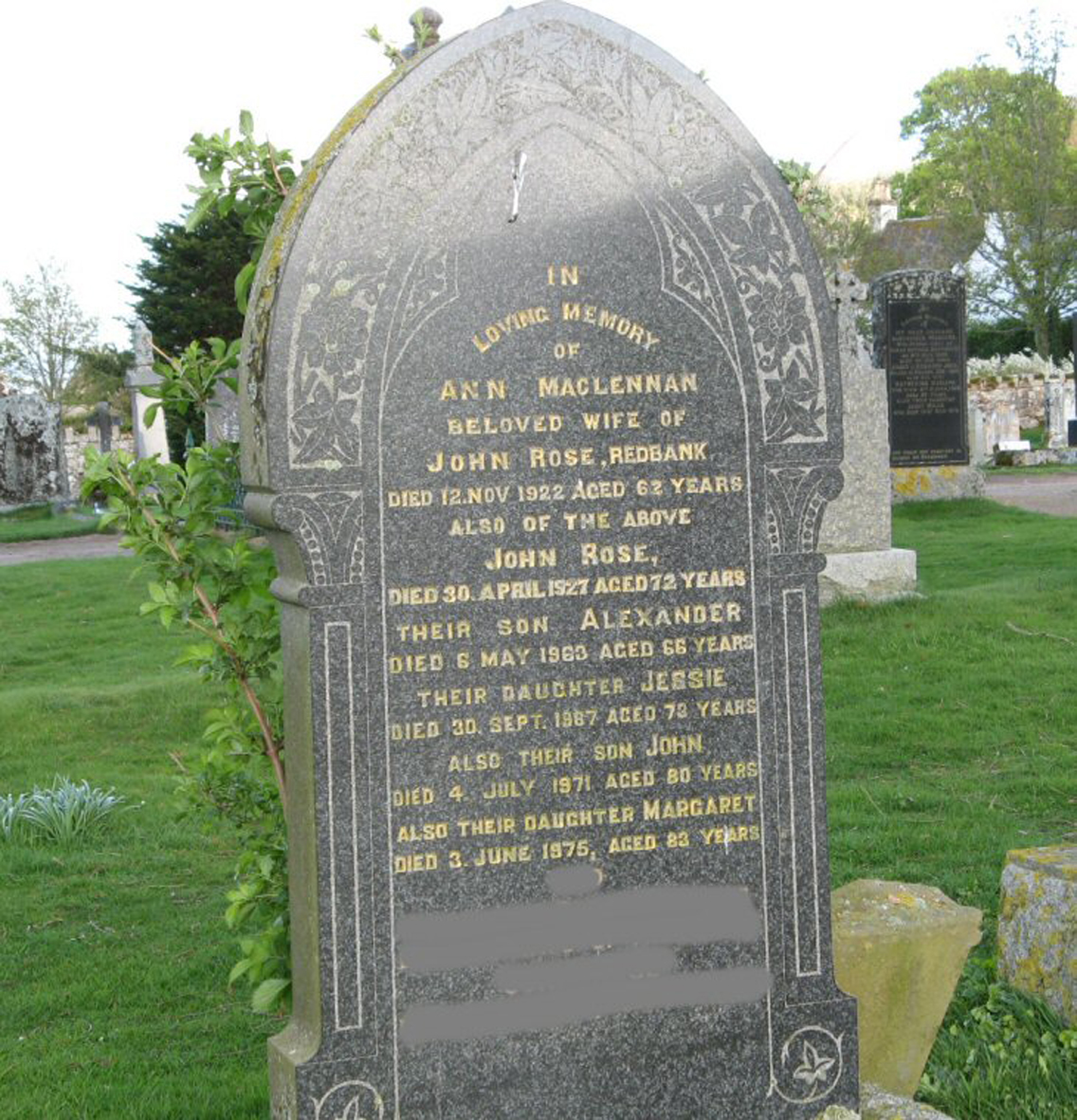 Photo of headstones/Ann MacLennan died 1922 MI Fodderty